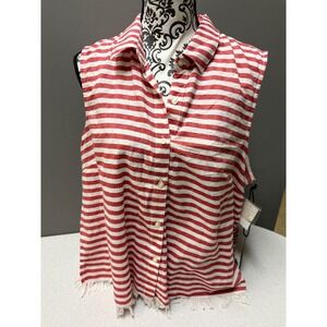 Womens Red White Striped Sleeveless Button Up Shirt Fringe Hem Size Medium